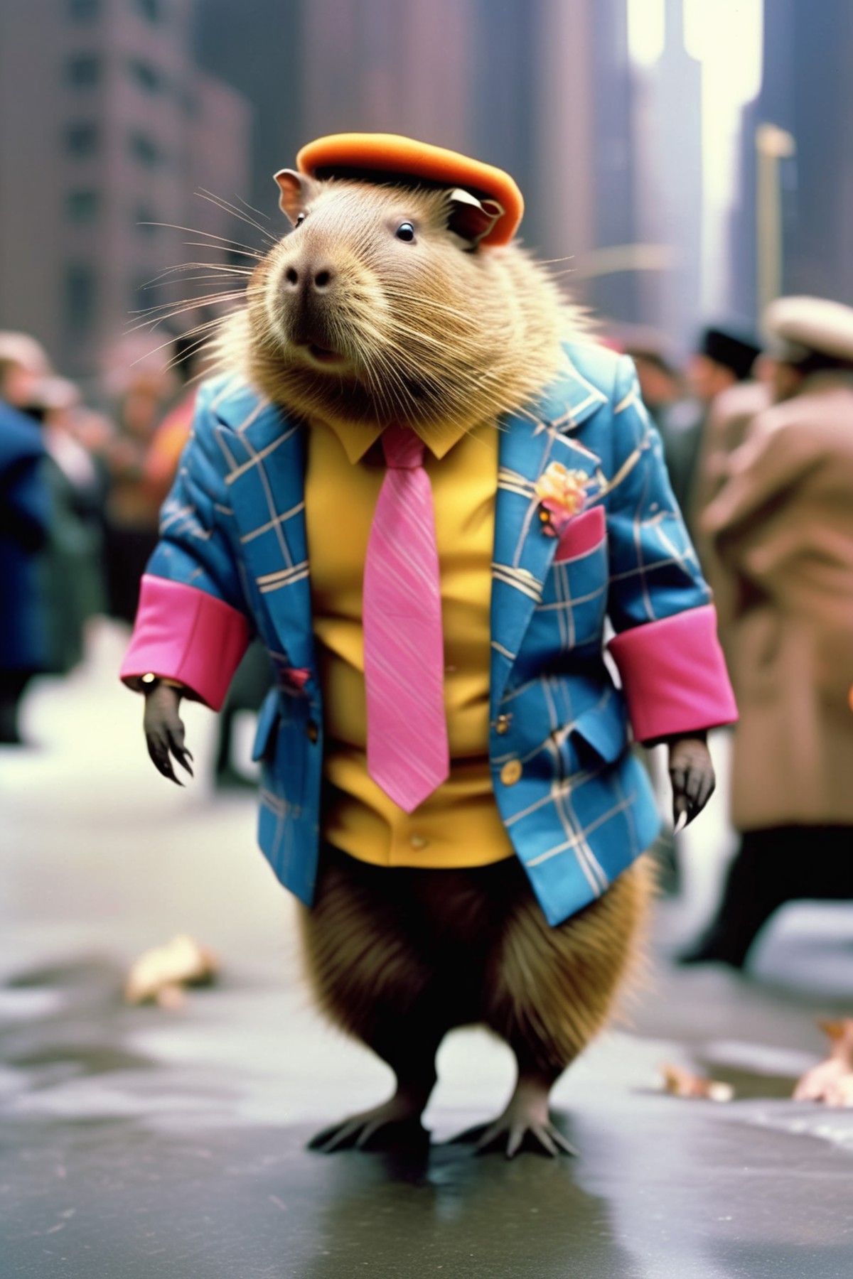 <lora:Dressed animals:1>Dressed animals - Anthropomorphic capybara as as a 1980s fashion icon on the new york fashion show